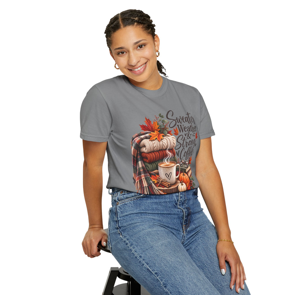Sweater Weather & Strong Coffee T-Shirt — Cozy Fall Plaid Coffee Graphic Tee