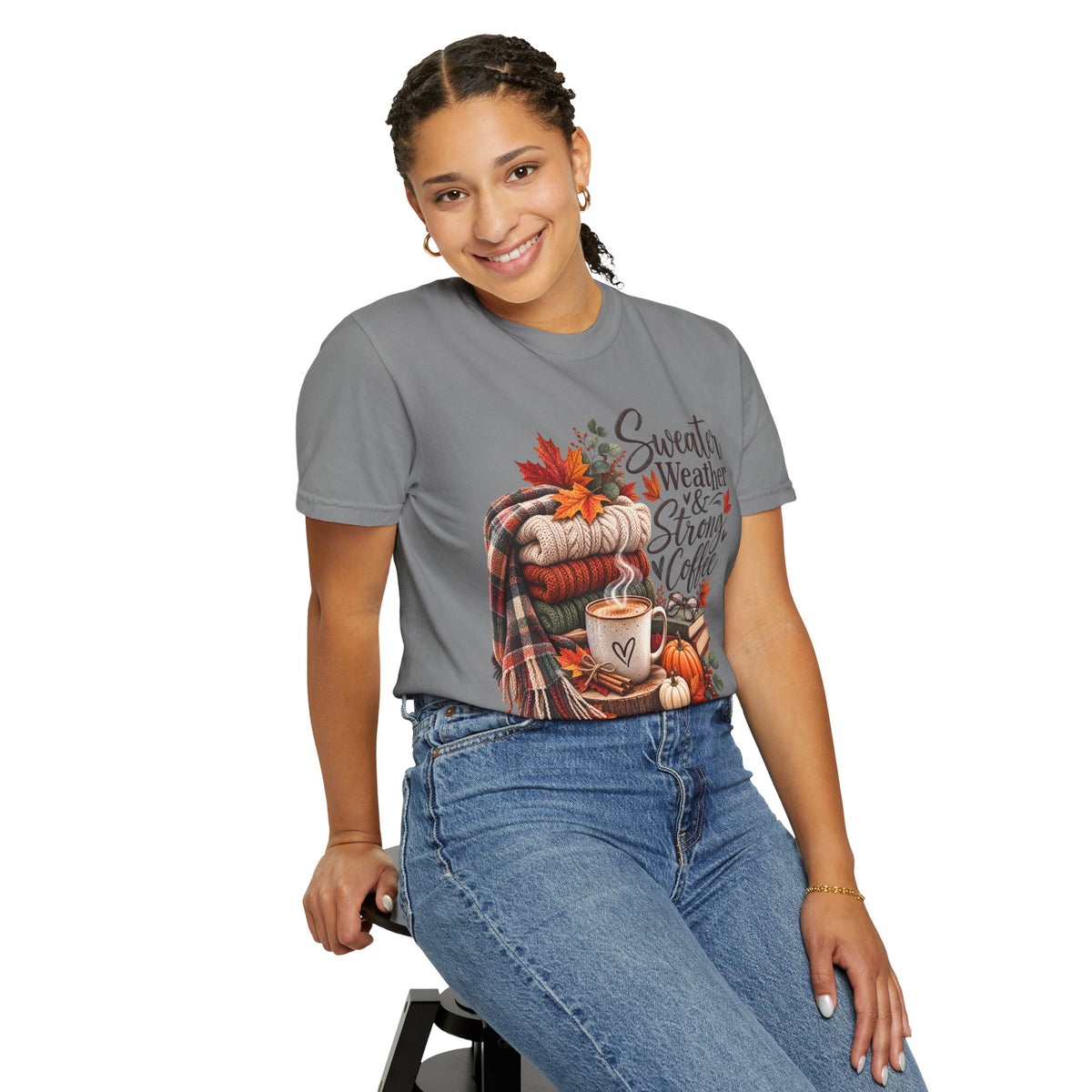 Sweater Weather & Strong Coffee T-Shirt — Cozy Fall Plaid Coffee Graphic Tee