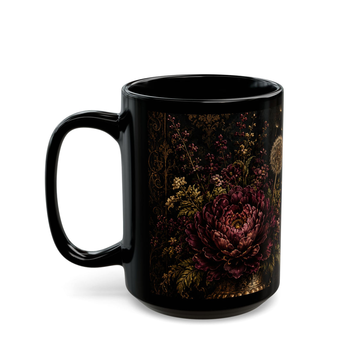 Midnight Garden Dark Floral Black Mug – Vintage Botanical Coffee Cup (15oz)