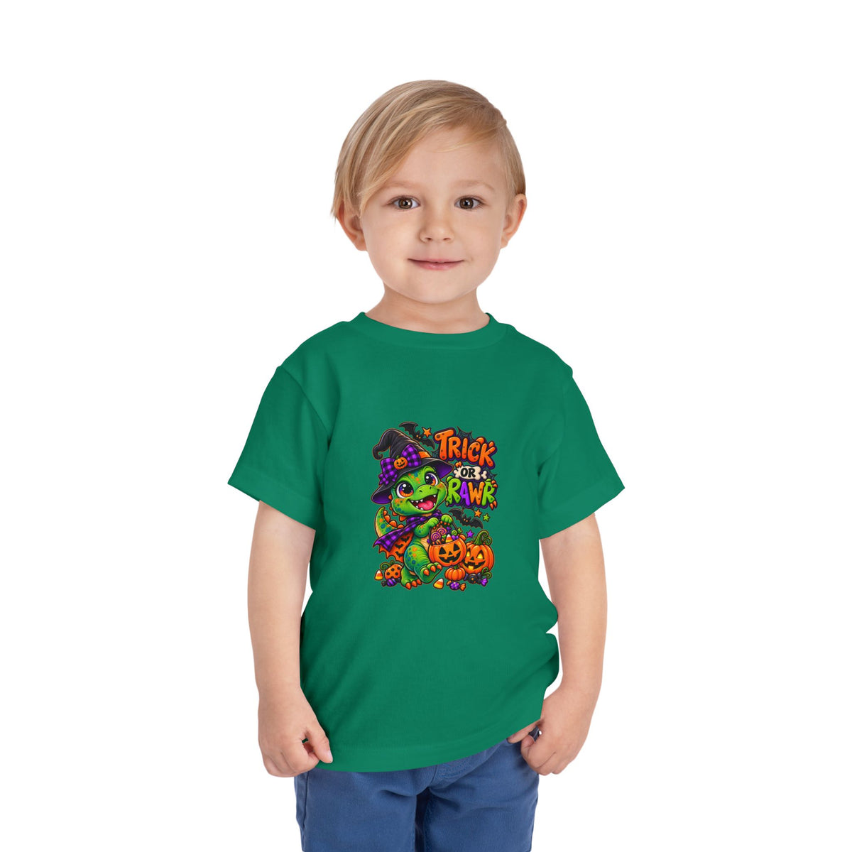 Toddler Tee — "Trick or Rawr" Halloween Dino Witch Shirt
