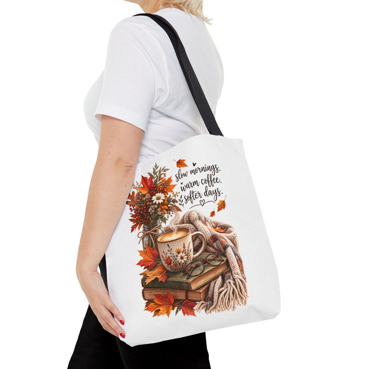 Autumn Cozy Tote Bag - "Slow Mornings, Warm Coffee, Softer Days" Fall Bookish Bag