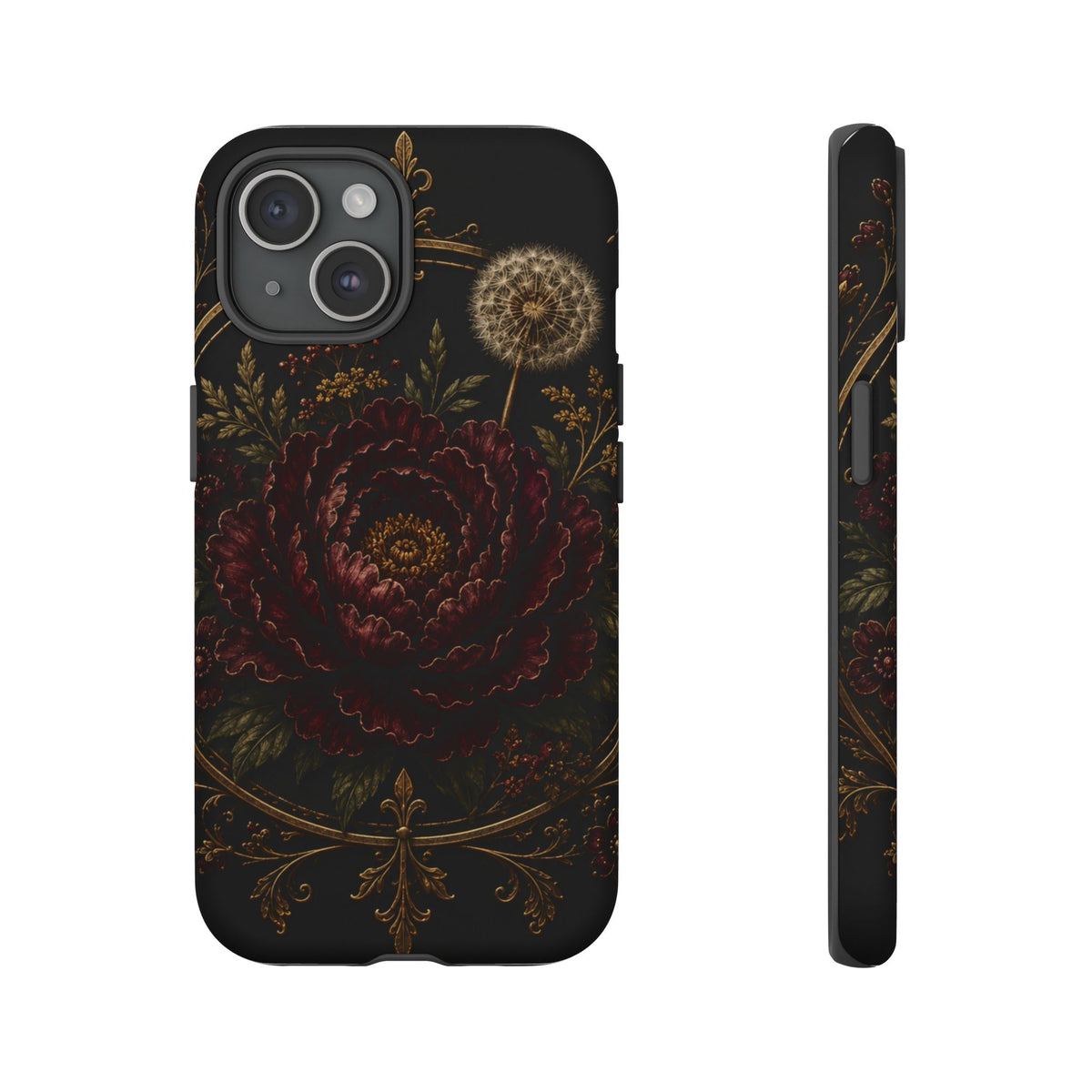 Midnight Garden Tough Case – Vintage Dark Floral Phone Case (Antique Dahlia & Dandelion)