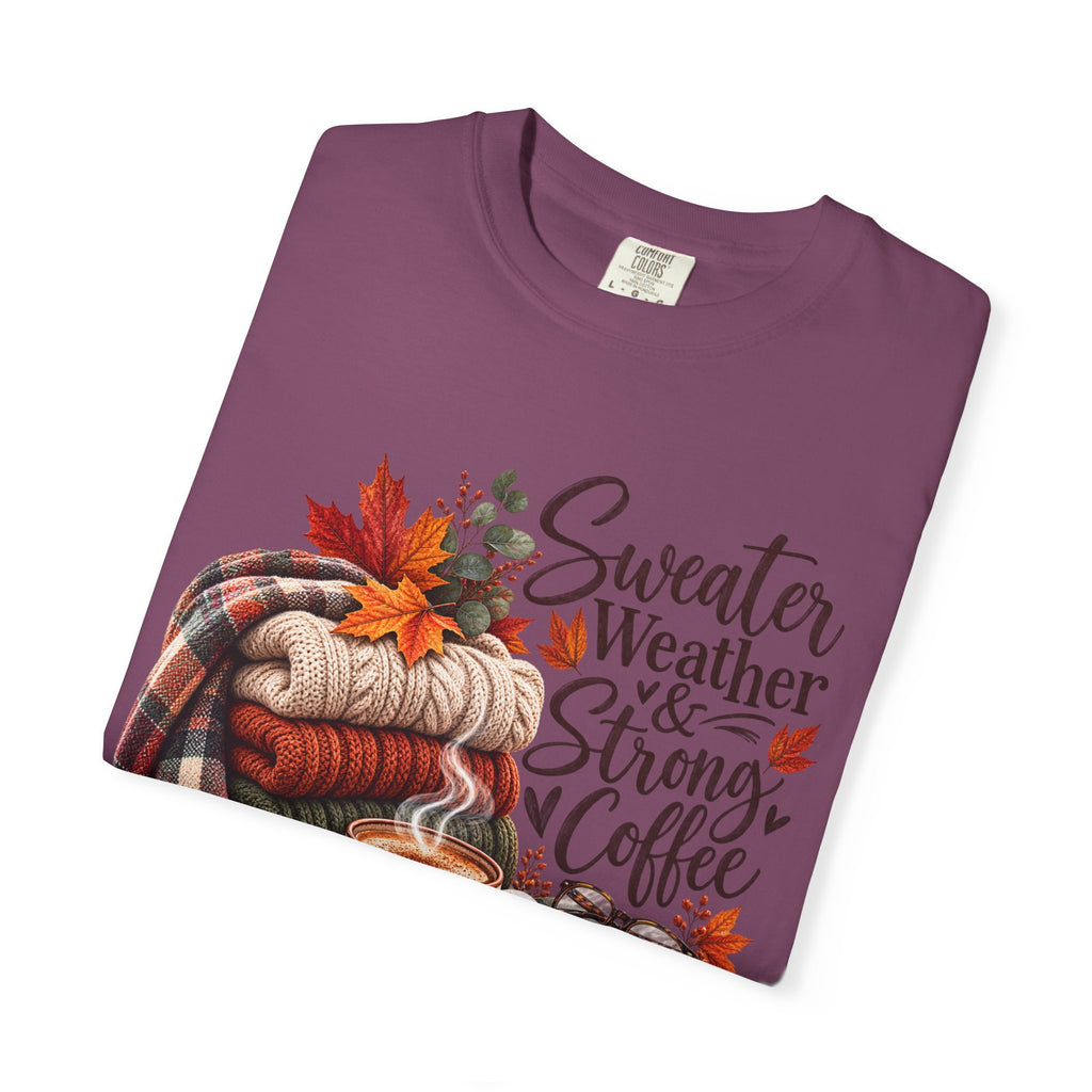 Sweater Weather & Strong Coffee T-Shirt — Cozy Fall Plaid Coffee Graphic Tee