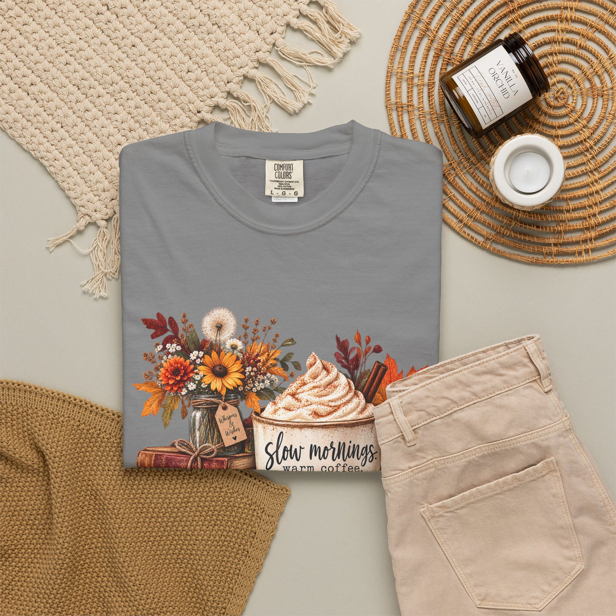 Fall Autumn Graphic T-Shirt — "Slow Mornings, Cozy Coffee, Sweater Days"