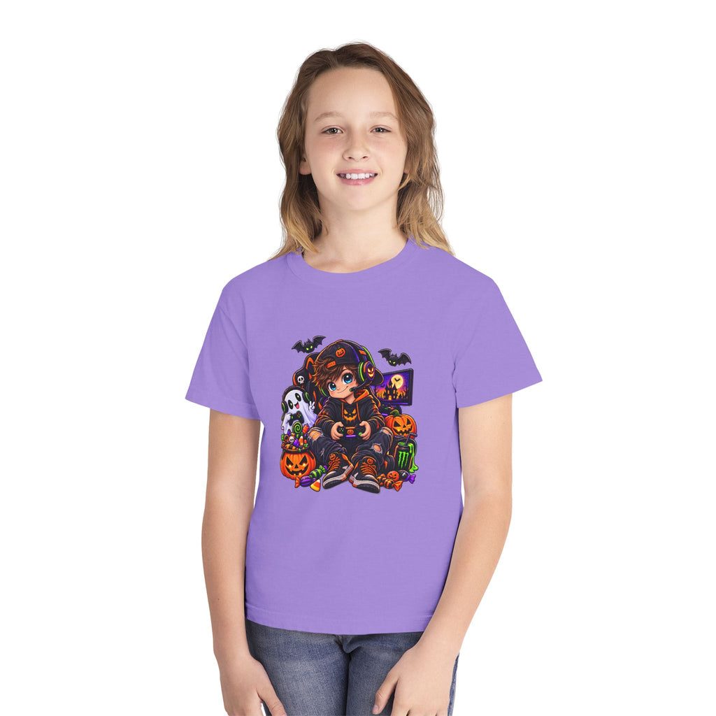 Kids Halloween Tee - Cute Gamer Kid with Pumpkins & Bats