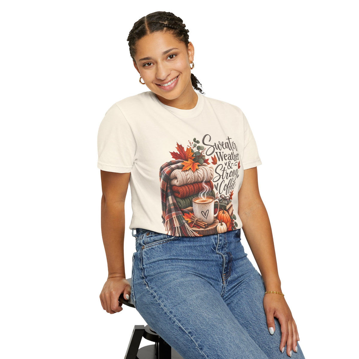 Sweater Weather & Strong Coffee T-Shirt — Cozy Fall Plaid Coffee Graphic Tee