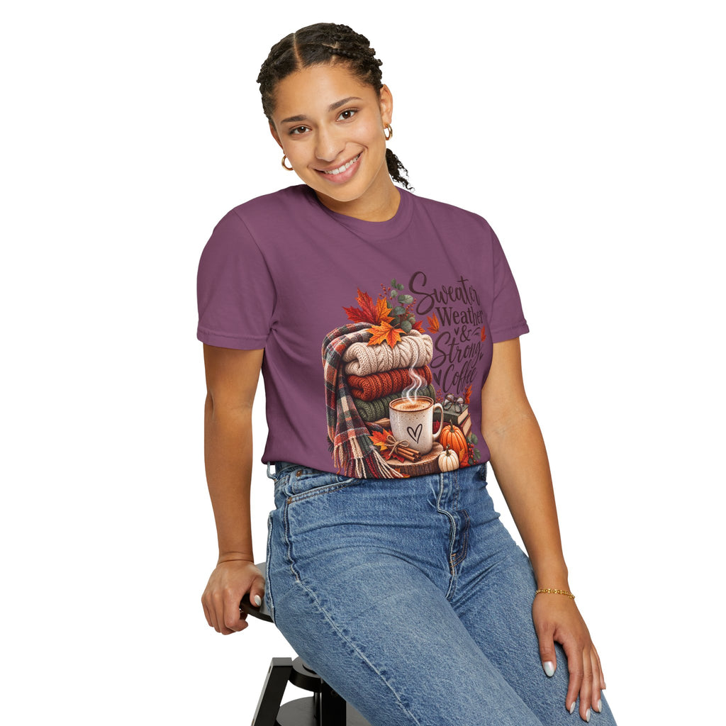 Sweater Weather & Strong Coffee T-Shirt — Cozy Fall Plaid Coffee Graphic Tee