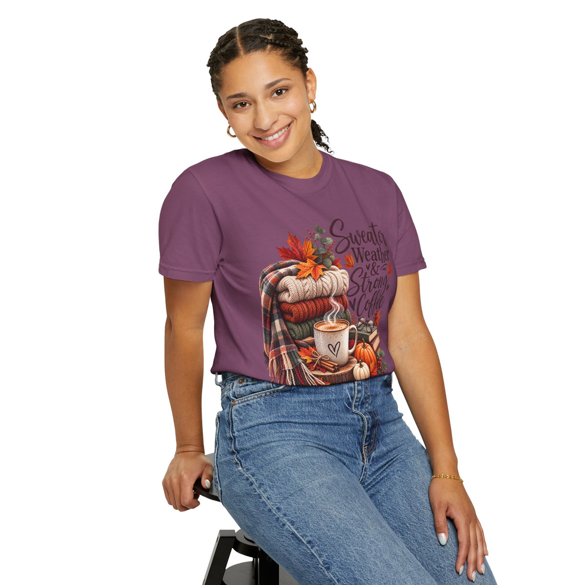 Sweater Weather & Strong Coffee T-Shirt — Cozy Fall Plaid Coffee Graphic Tee