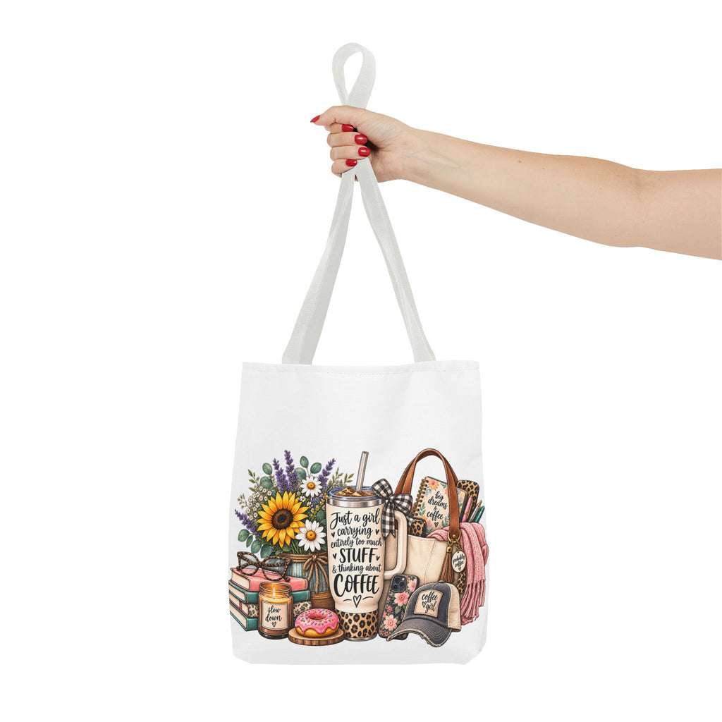 Canvas Tote Bag — "Just a girl carrying all the stuff (and coffee)" Floral & Cozy Design
