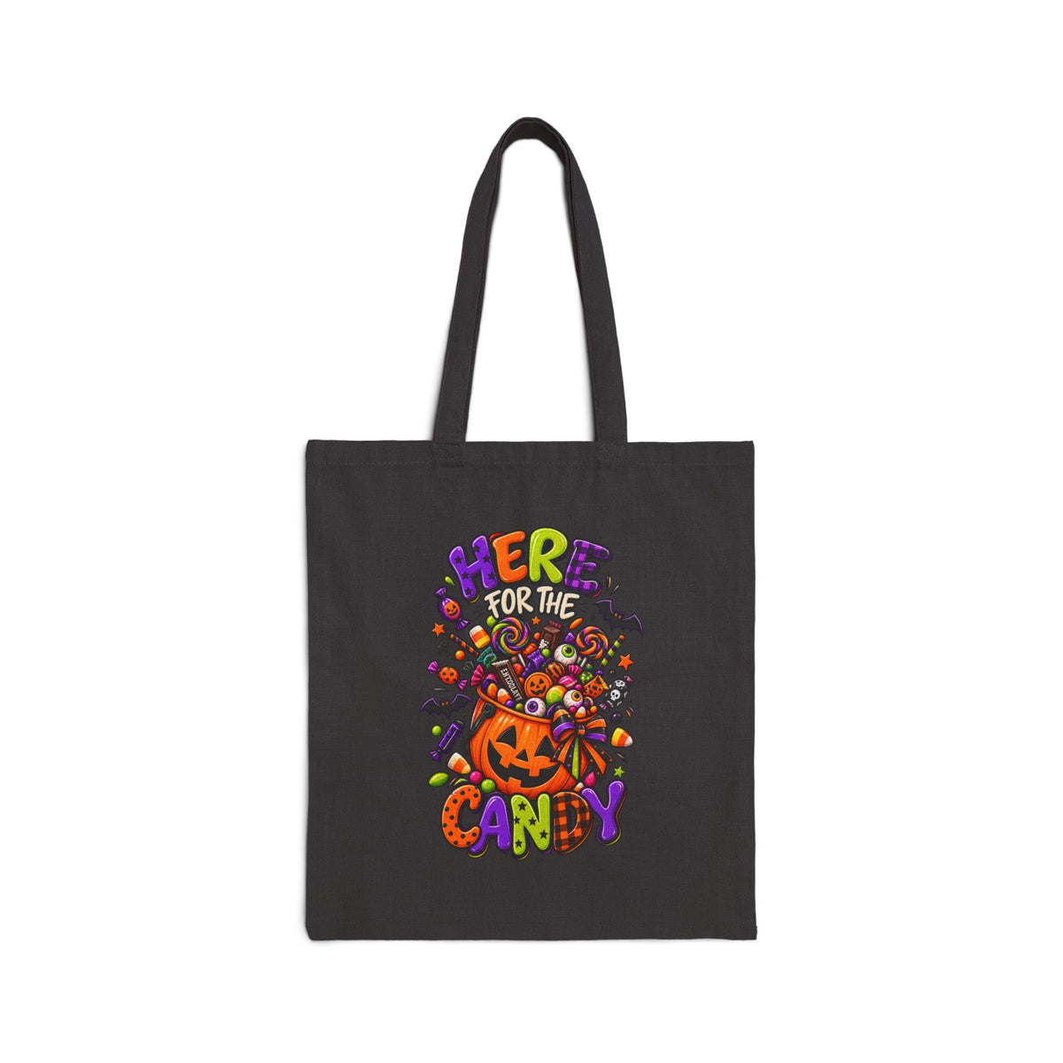 Halloween Tote Bag - "Here for the Candy" Pumpkin Candy Tote, Trick-or-Treat Canvas Bag