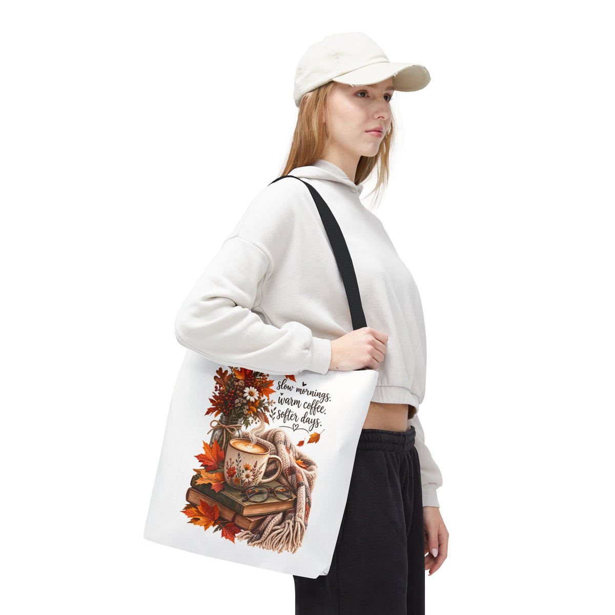 Autumn Cozy Tote Bag - "Slow Mornings, Warm Coffee, Softer Days" Fall Bookish Bag