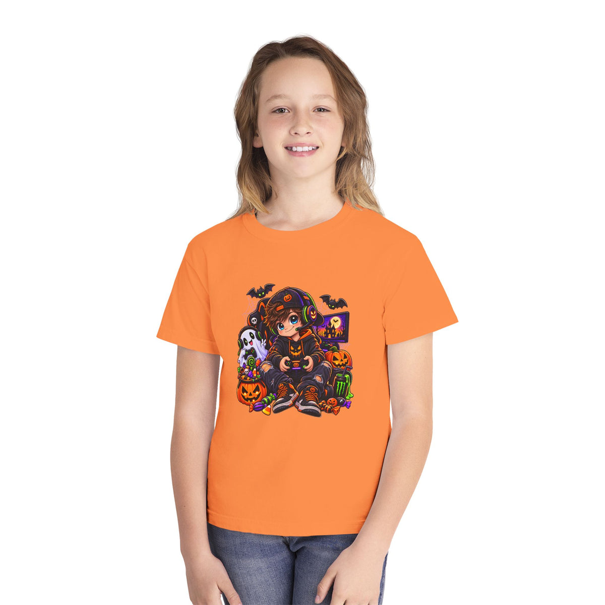 Kids Halloween Tee - Cute Gamer Kid with Pumpkins & Bats