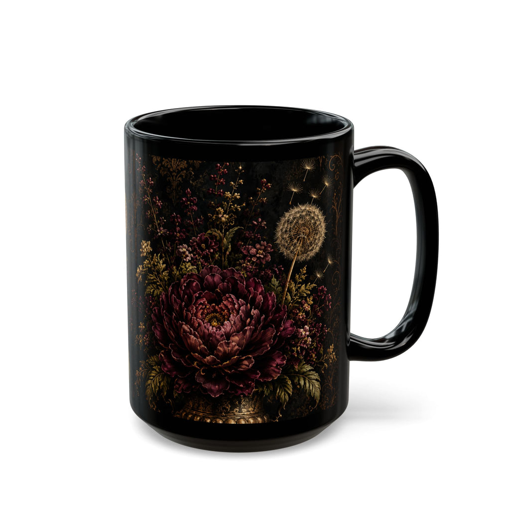 Midnight Garden Dark Floral Black Mug – Vintage Botanical Coffee Cup (15oz)