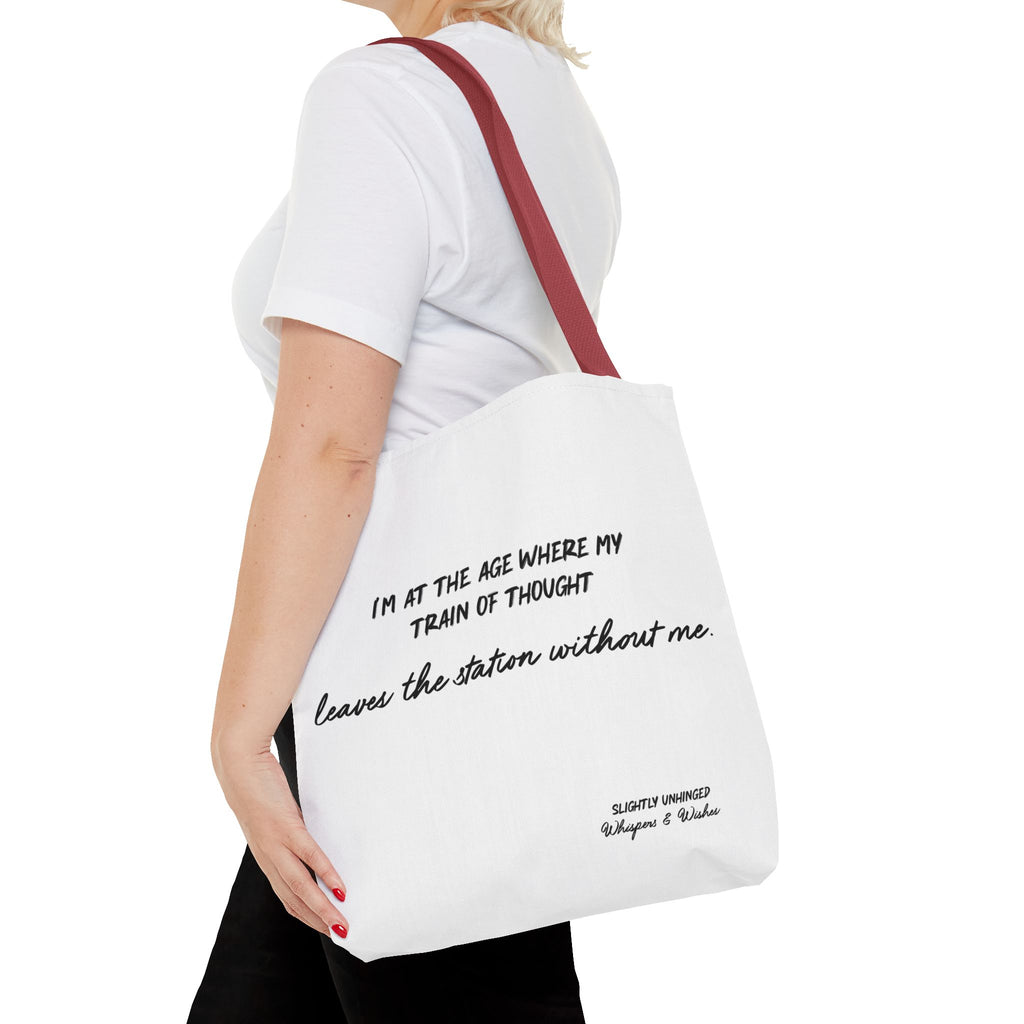 Tote Bag — "My Train of Thought Leaves the Station Without Me" Funny Quote Canvas Tote
