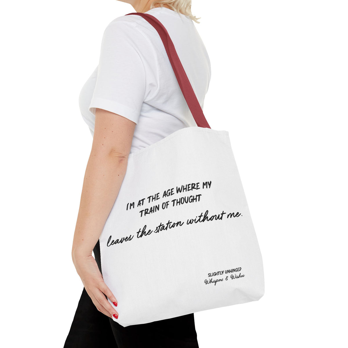 Tote Bag — "My Train of Thought Leaves the Station Without Me" Funny Quote Canvas Tote